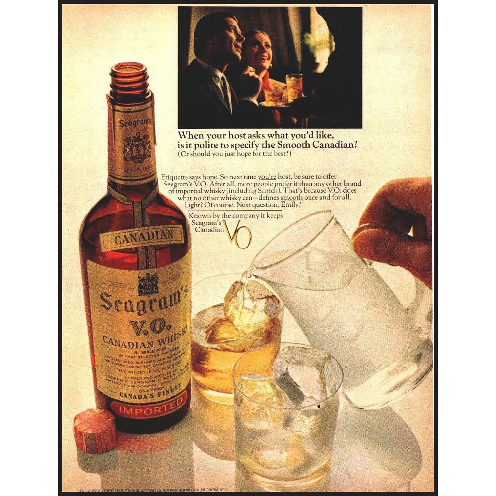 1967 Seagram's V.O. Smooth Canadian Whisky Vintage Print Ad Cocktails Wall Art